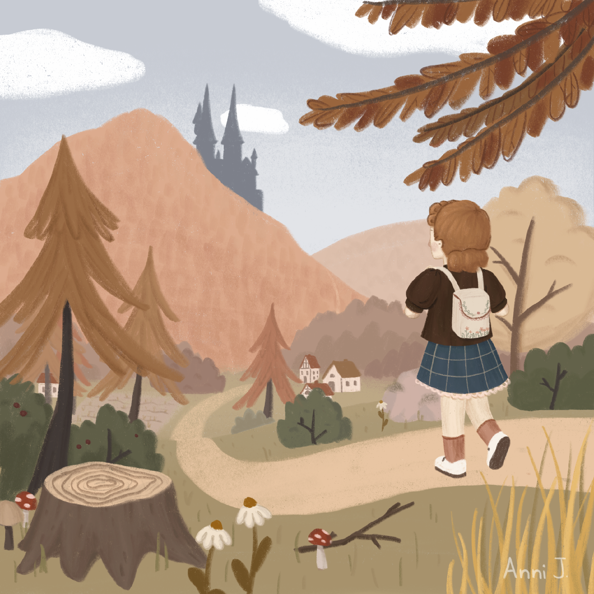 A cute children's book illustration in which you see the back of a girl wearing a brown top and a checkered blue skirt looking out over an autumnal landscape. in the front you see bushes and different trees in autumn colors. In a valley you see a field as well as several small old farm houses. In the background you can see a mountain with a shilouette of a big castle on top.