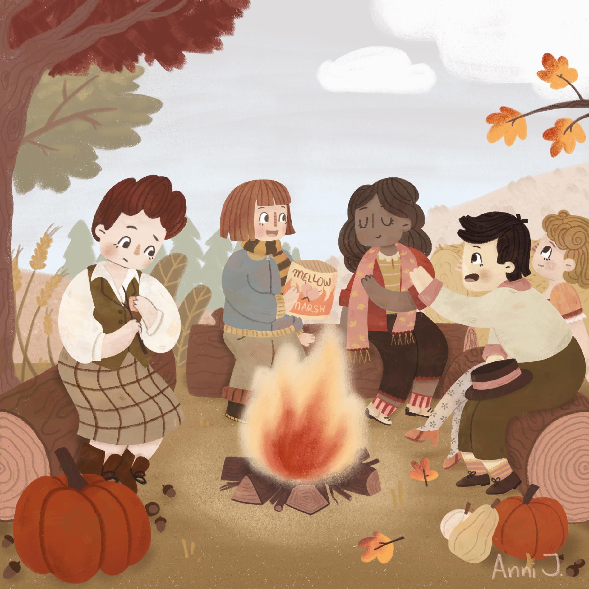 A cute children's book illustration of girls sitting around a bonfire. It is an autumn scene. There are colored leaves, pumpkins, chestnuts and acorns on the ground. The girls are sitting on big logs around the fire. there are five girls. One is offering the other one who refuses marshmallows. Another one is reaching out for the marshmallows while one is leaning back. The last girl is trying to put her marshmallow on a stick to roast it over a campfire.