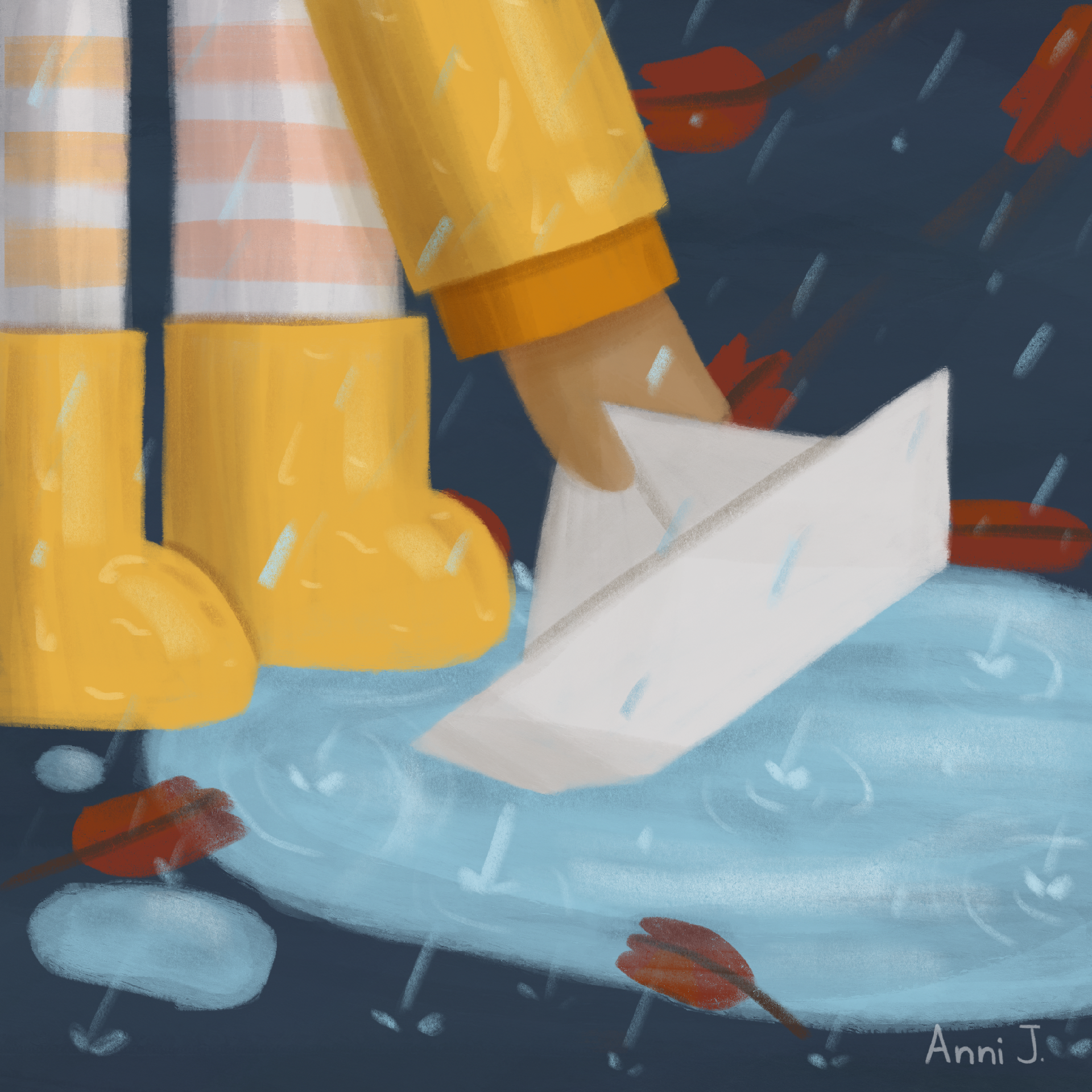 A cute children's book illustration in which you see yellow rain boots standing by a puddle surrounded by red autumn leaves. An arm reaches down from the top of the frame to put a white paper boat into the puddle. It is raining all around.