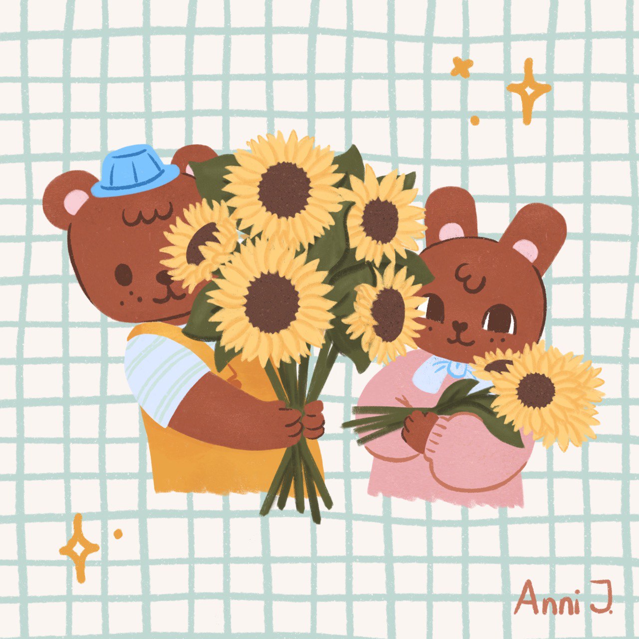 A cute children's book illustration in which you see a bouquet of yellow sunflowers held by a cute bear and an adorable bunny.