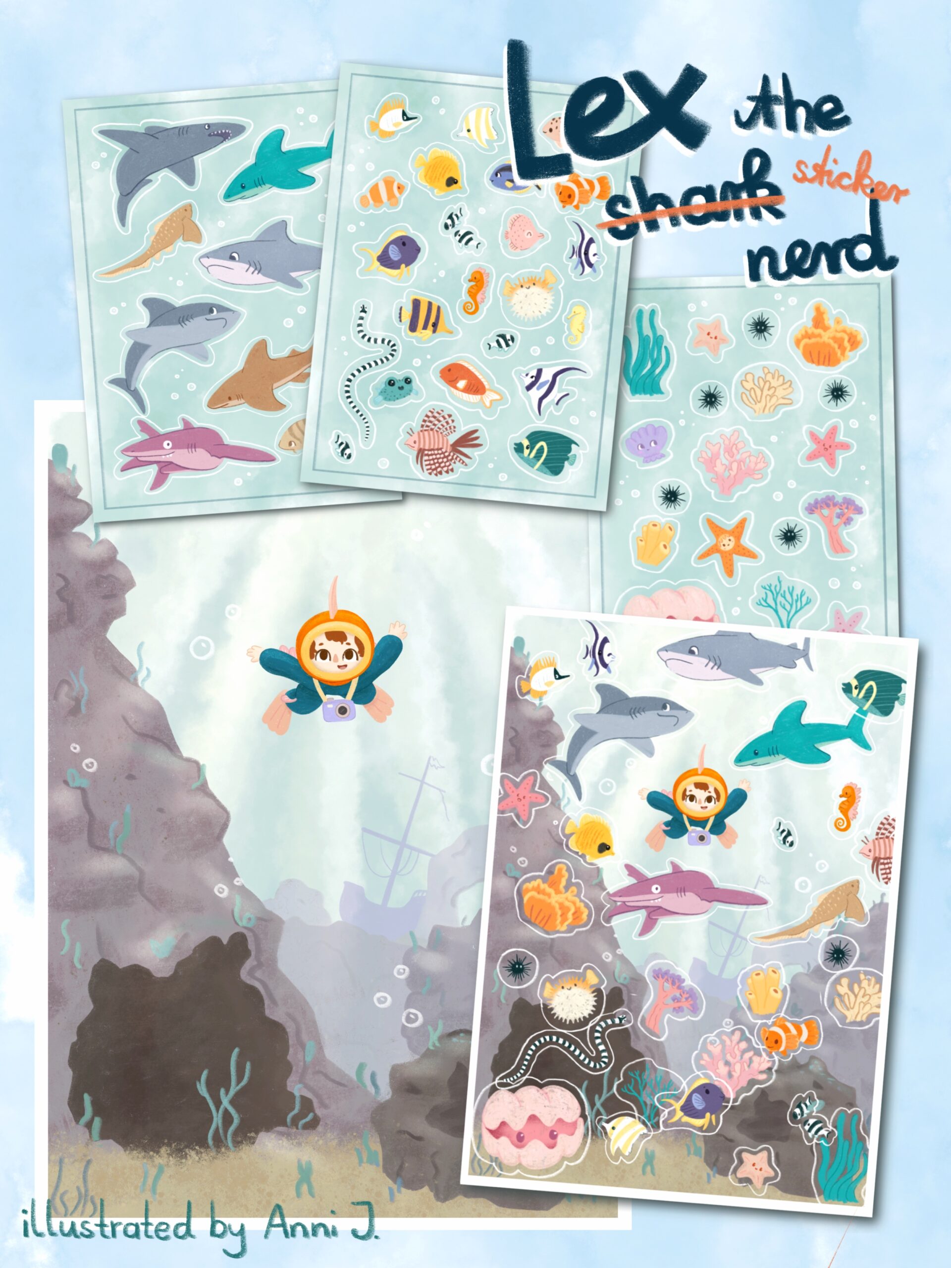A sticker set of cute children's book characters. There are friendly looking and cute sharks, other coral fish and underwater plants. Around everything are underwater bubbles.